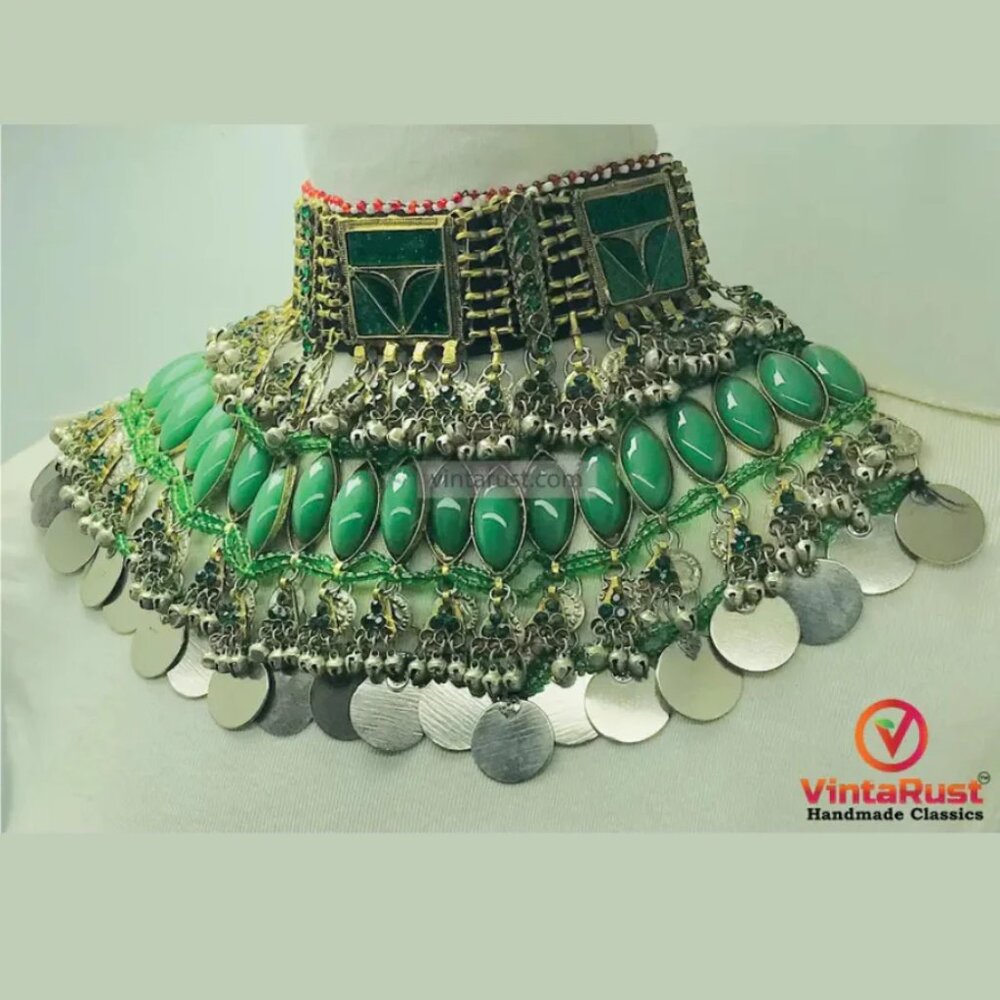 Antique Green Stone Afghan Necklace: Silver Kuchi Tribal Boho Statement - Picture 5 of 9